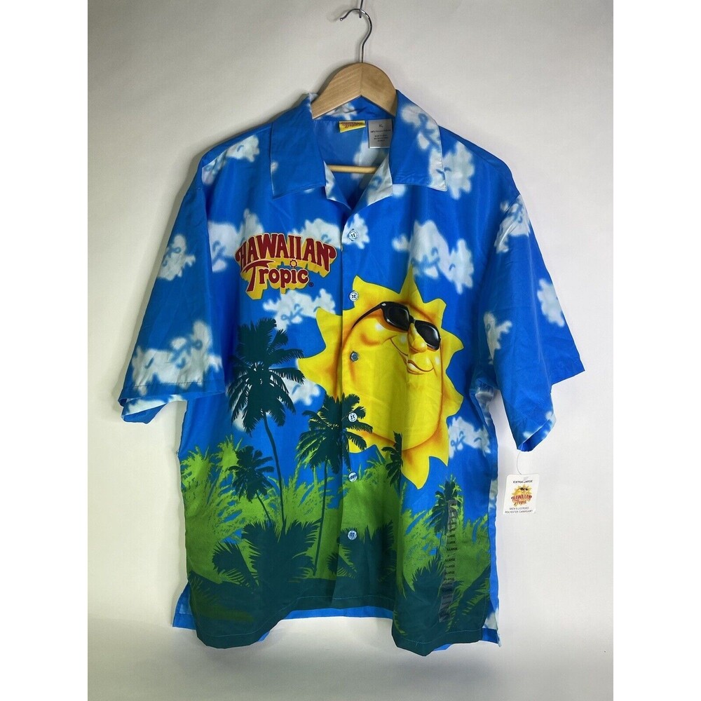 Hawaiian Tropic Blue Sky Happy Summer Sun Sunshine Camp Shirt Button Up Size XL